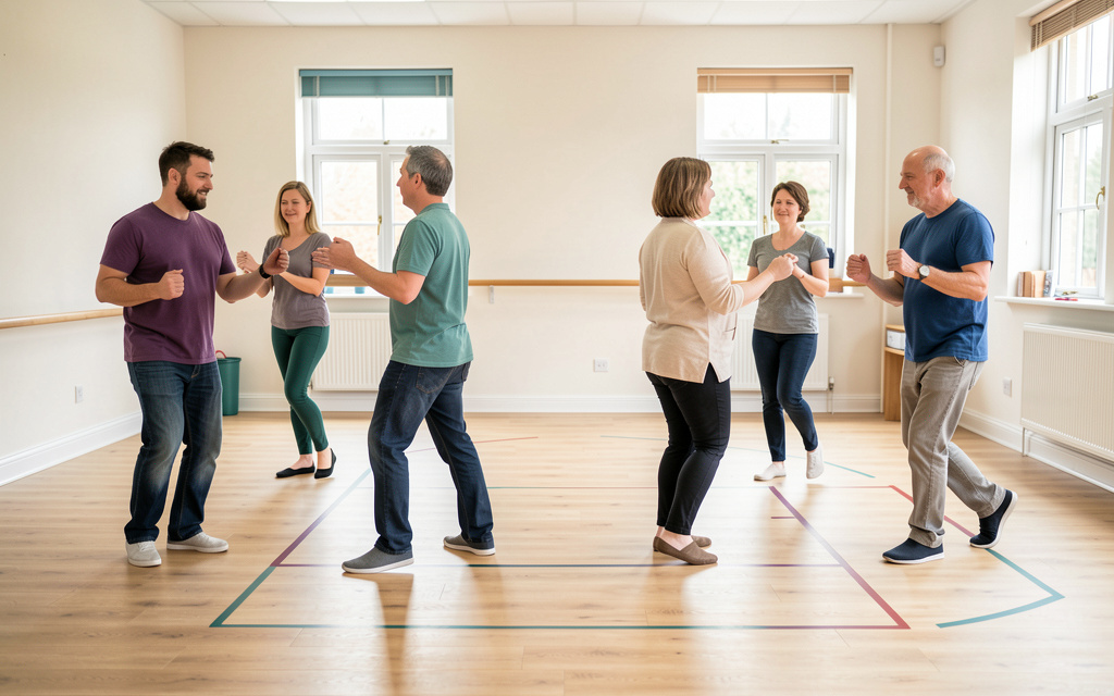 Two small groups learning different simple dance sequences in a clean community studio