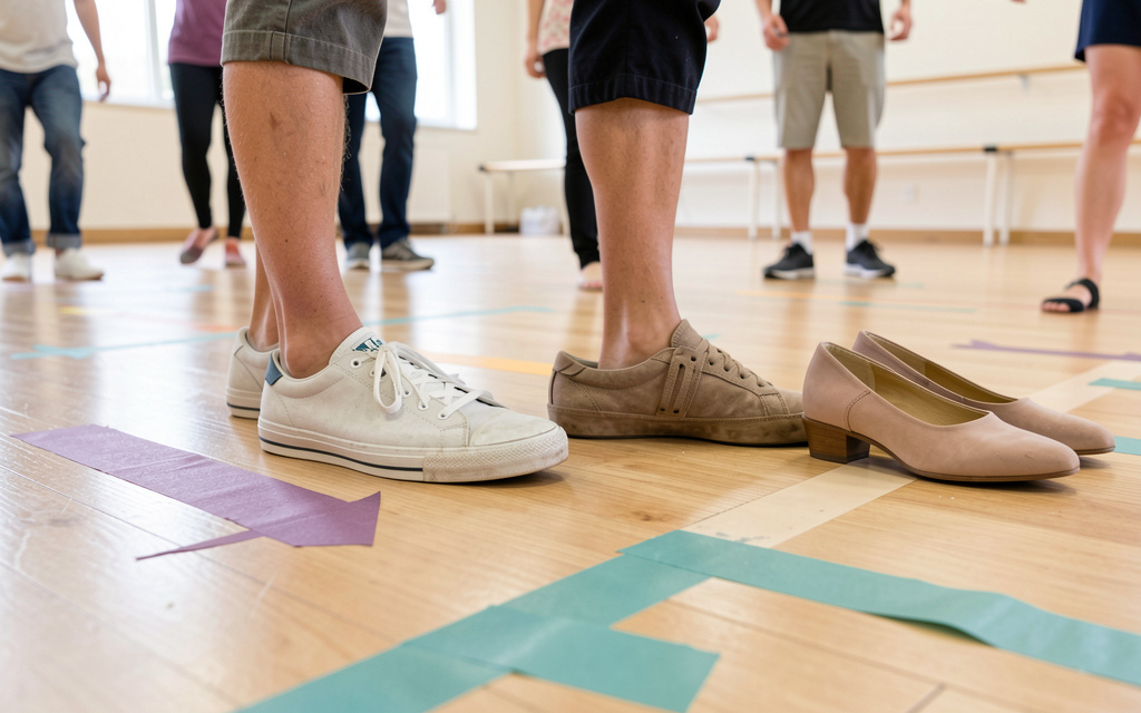 A close low-angle view of trainers and dance shoes aligned beside simple tape arrows on a studio floor