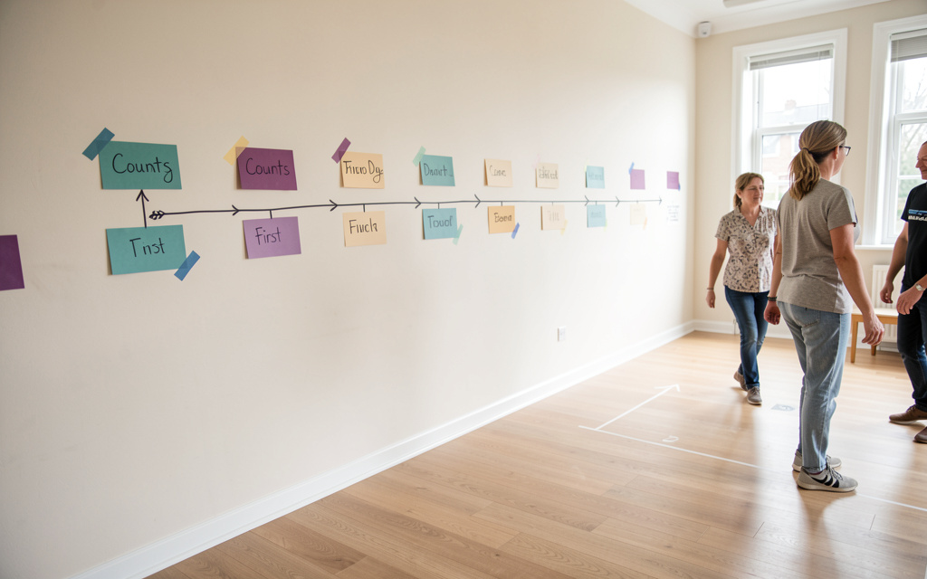 A simple original wall timeline drawn with tape arrows and small count cards on a studio floor
