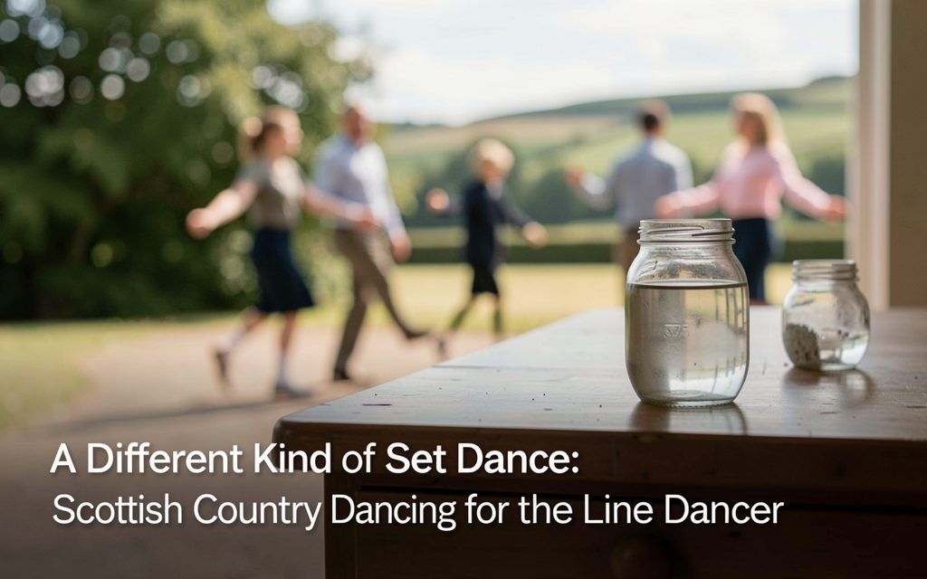 Adult dancers standing in a longways set of facing couples in a bright community hall, tartan sashes over casual dress